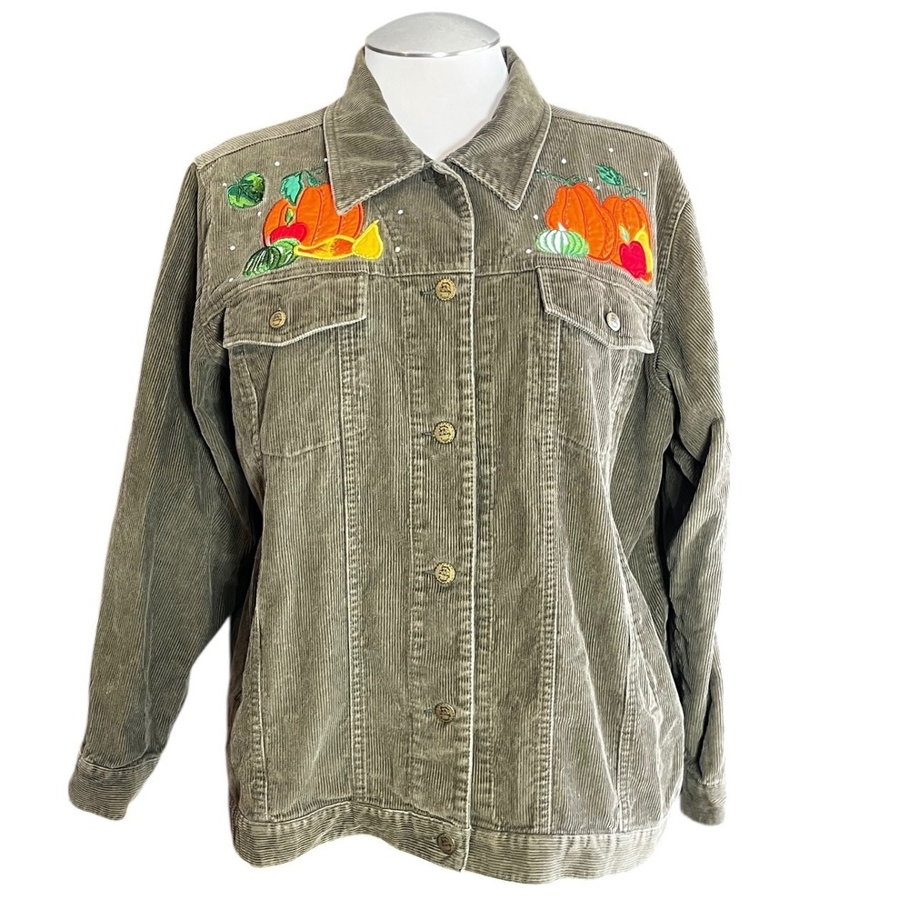 The Quaker Factory Corduroy Embroidered Pumpkin Cornucopia Fall‎ Jacket 1X